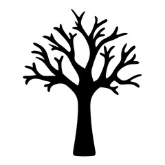Silhouette of a deciduous tree without leaves against a white background, dramatic