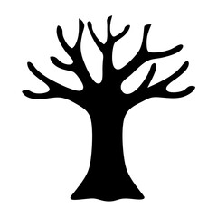A stylized black and white illustration of a bare winter tree silhouette