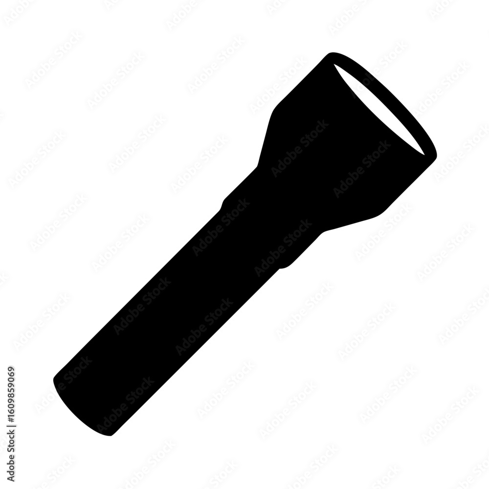 Poster black silhouette of a simple flashlight used for illumination and searching