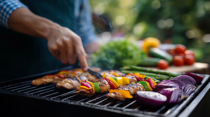 Grilling Colorful Veggie and Chicken Skewers in a Green Park Picnic