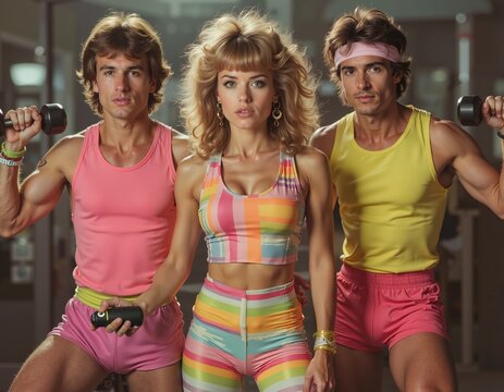 1980s fitness enthusiasts exercising with weights in retro gym apparel