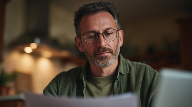 Focused middle-aged man reading documents at home office desk