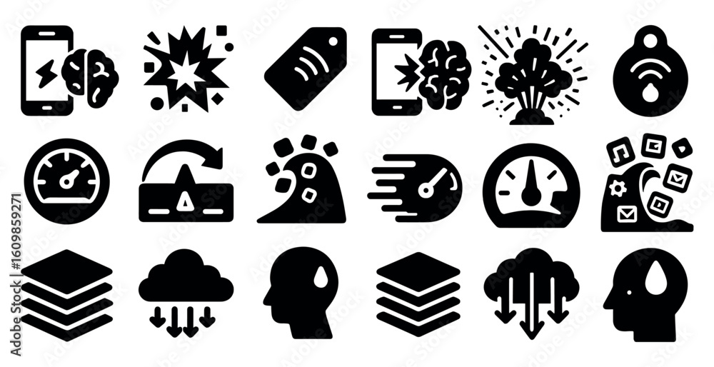 Poster collection of icons that represent various aspects of technology and communication. the icons includ
