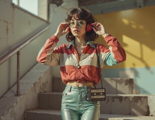 Fototapeta premium Young caucasian woman in vintage attire listening to music with red headphones on stairs