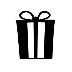 Simple black and white icon of a gift box with ribbon