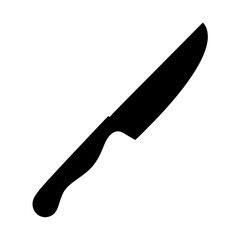Black Chef Knife Silhouette on White Background, A stark black silhouette of a chef’s knife on a white background, symbolizing cooking, culinary tools, kitchen utensils, and food preparation.
