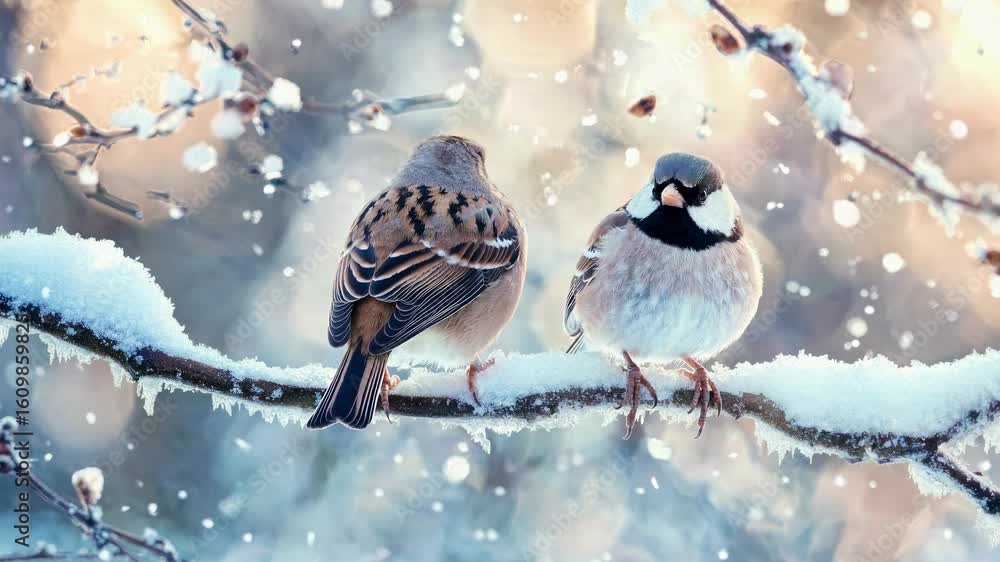 Poster two birds perched on a snowy branch, captured in a close-up angle. the soft bokeh background adds a 