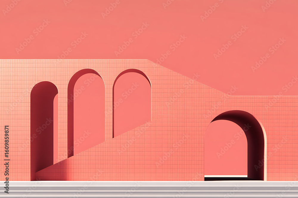Poster minimalist architectural design featuring archways and a grid pattern, bathed in a uniform, monochro