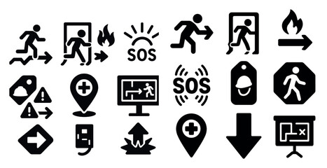 Fototapeta premium Series of icons for different emergency situations. The icons include a person running, a fire, a person with a red cross, a person with a safety sign, a person with a fire extinguisher