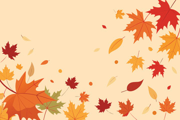 A vibrant and colorful illustration of falling maple leaves in various shades of red orange yellow and brown creating a festive autumn background with a light beige empty space for text