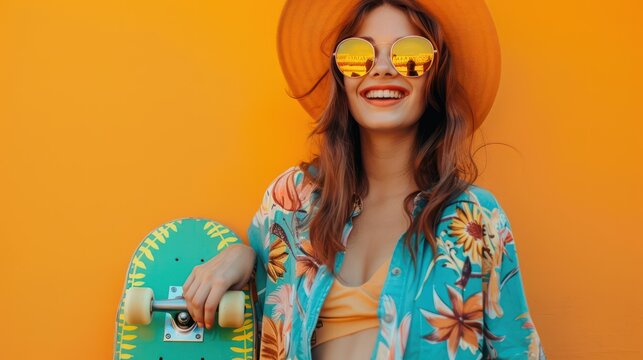 Summer portrait of happy cheerful stylish young woman with skateboard posing on orange background. Summer portrait of happy cheerful stylish young woman with skateboard in colorful clothes - Powered by Adobe