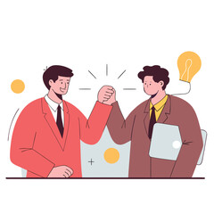 Two businessmen in suits celebrating a successful collaboration and a brilliant new idea with a high five and a glowing lightbulb