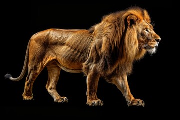 Obraz premium Side view of a Lion walking, looking at the camera,