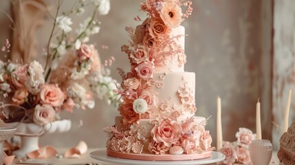 Stylish wedding cake with fresh flowersin peach color