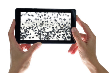 Female hands holding a smartphone with letters on the screen, isolated on a white background