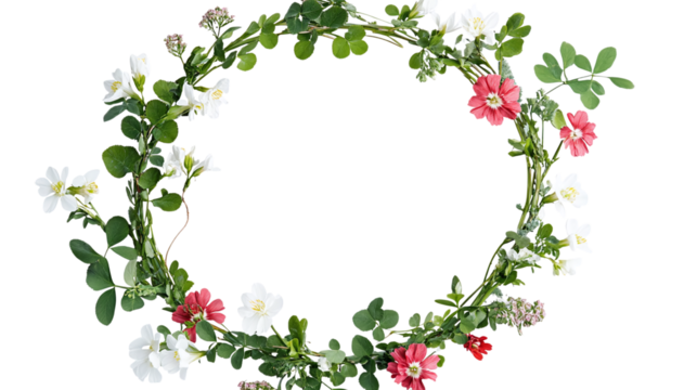 Floral wreath with red clover, white narcissus, and green herbs isolated on transparent background 