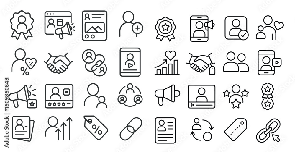 Poster collection of icons that represent different aspects of social media and networking. some of the ico