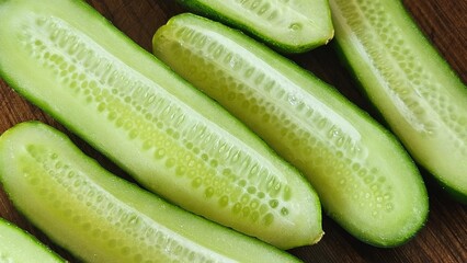 Fresh Cucumber Halves on Wooden Surface – Healthy Food Concept