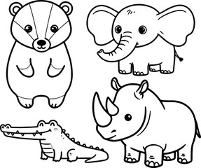 Cute Cartoon Animal Set Outline – Badger Elephant Crocodile Rhino for Kids Coloring Page