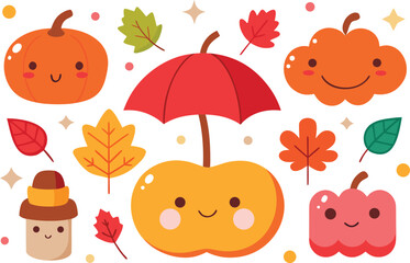 Charming kawaii autumn harvest collection featuring cute smiling pumpkins apple umbrella and festive fall leaves perfect for seasonal decorations and greeting cards