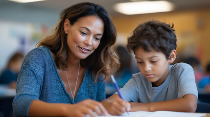 Patient elementary teacher guiding student in engaging classroom