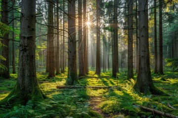Fototapeta premium Silent Forest in spring with beautiful bright sun rays