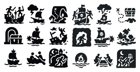 Collection of black and white icons depicting various sea adventures. The icons include a pirate ship, a pirate, a boat, a man in a boat, a man in a canoe, a man in a kayak, a man in a raft