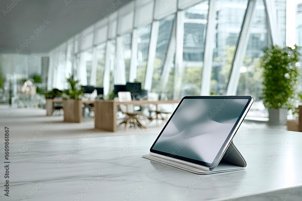 Poster modern tablet displaying abstract graphics in contemporary office setting
