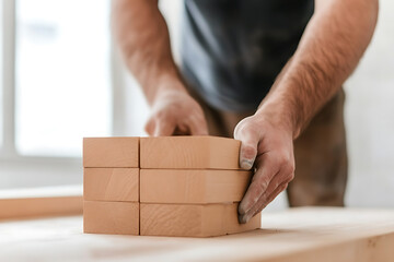 Stacking wooden blocks: A man carefully arranges rectangular wooden blocks on a light surface in a well-lit room, focusing on stability and alignment.