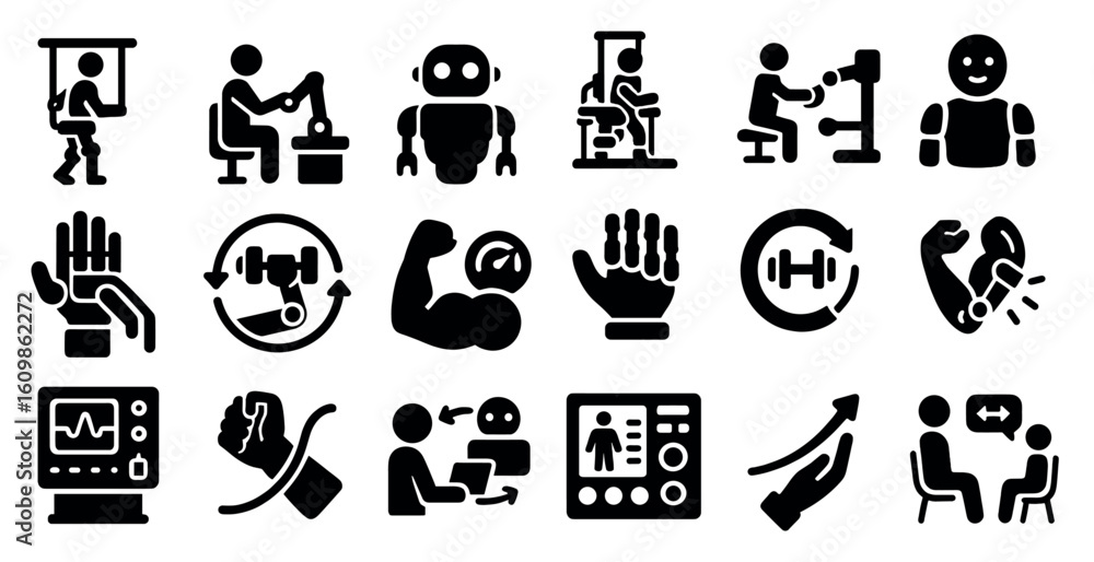 Poster collection of black and white icons that represent various activities and objects. the icons include