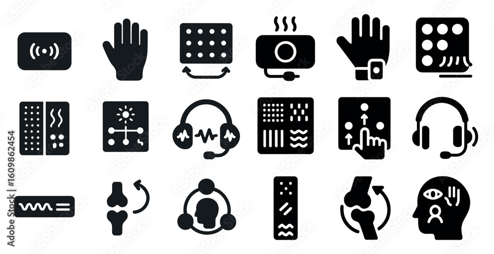 Poster collection of icons for various devices and accessories. the icons include a remote control, a keybo