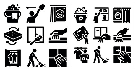 Series of black and white icons depicting various cleaning tasks. The icons include a person sweeping, a person washing a window, a person cleaning a bed, and a person cleaning a floor