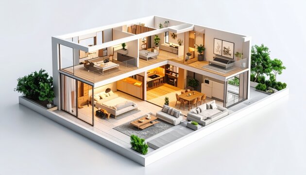 Two-story modern house cross-section with detailed interior design and outdoor greenery - Powered by Adobe