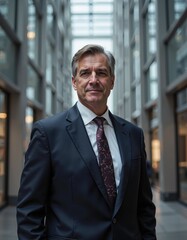 Fototapeta premium Caucasian mature male executive in business suit standing in modern office corridor