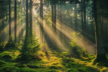 Fototapeta premium Silent Forest in spring with beautiful bright sun rays