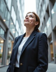 Fototapeta premium Confident young caucasian woman in business attire looking upward in urban setting