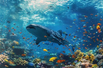 Fototapeta premium Panorama background of beautiful coral reef with marine tropical fish. Whale shark, Hammerhead shark, Zebra shark and sea turtle visited here