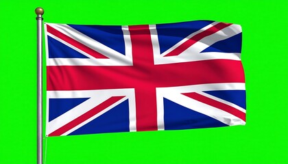 Union Jack flag waving on a pole against a solid green background