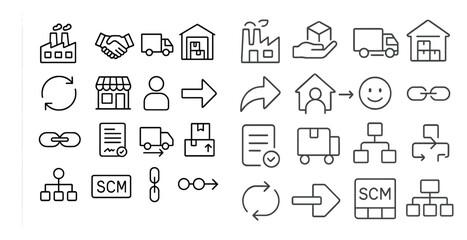 Set of icons for a business app. The icons include a handshake, a truck, a building, a smiley face, and a person. The icons convey the idea of a business transaction, transportation