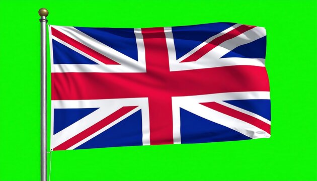 Union Jack flag waving on a pole against a solid green background - Powered by Adobe