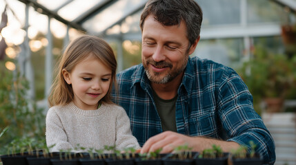 Smiling father and daughter potting seedlings in greenhouse garden