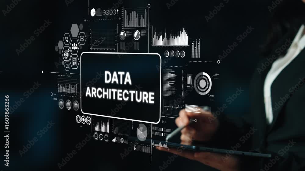 Poster modern business data architecture visualization with digital interface and graphs in dark environmen