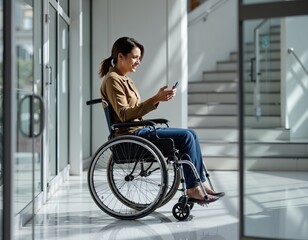 Young caucasian woman in wheelchair using smartphone in modern building
