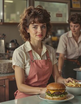 Caucasian female waitress serving burger and fries in vintage diner with retro decor
