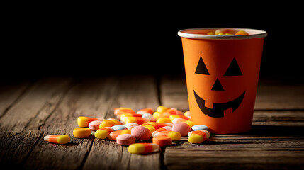 Festive orange pumpkin bucket overflowing with colorful candy corn and sweets on rustic wood halloween