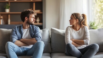 Obraz premium A young couple, a man and a woman, sitting on a sofa, looking upset during a disagreement.