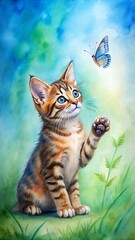 Obraz premium Playful tabby kitten reaching for blue butterfly image