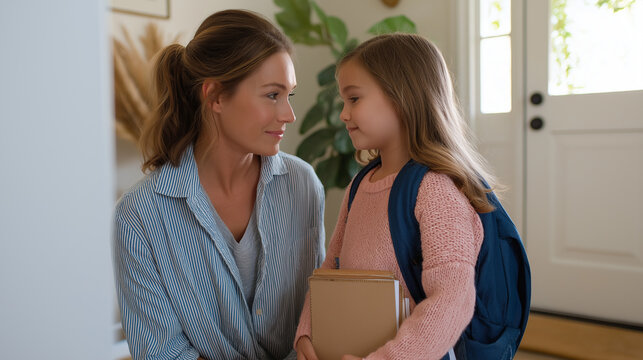 Encouraging First Day of School Moment with Mother and Daughter at Home - Powered by Adobe