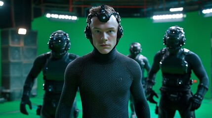 A young Caucasian male actor in a motion capture suit stands confidently amidst robotic figures.