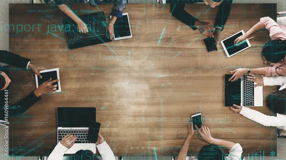 Poster a diverse group of individuals engage in collaborative technology projects at a modern workspace, us